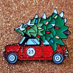 3/$20 Winter Holiday Red Glitter Car With Christmas Tree on Roof Enamel Pin